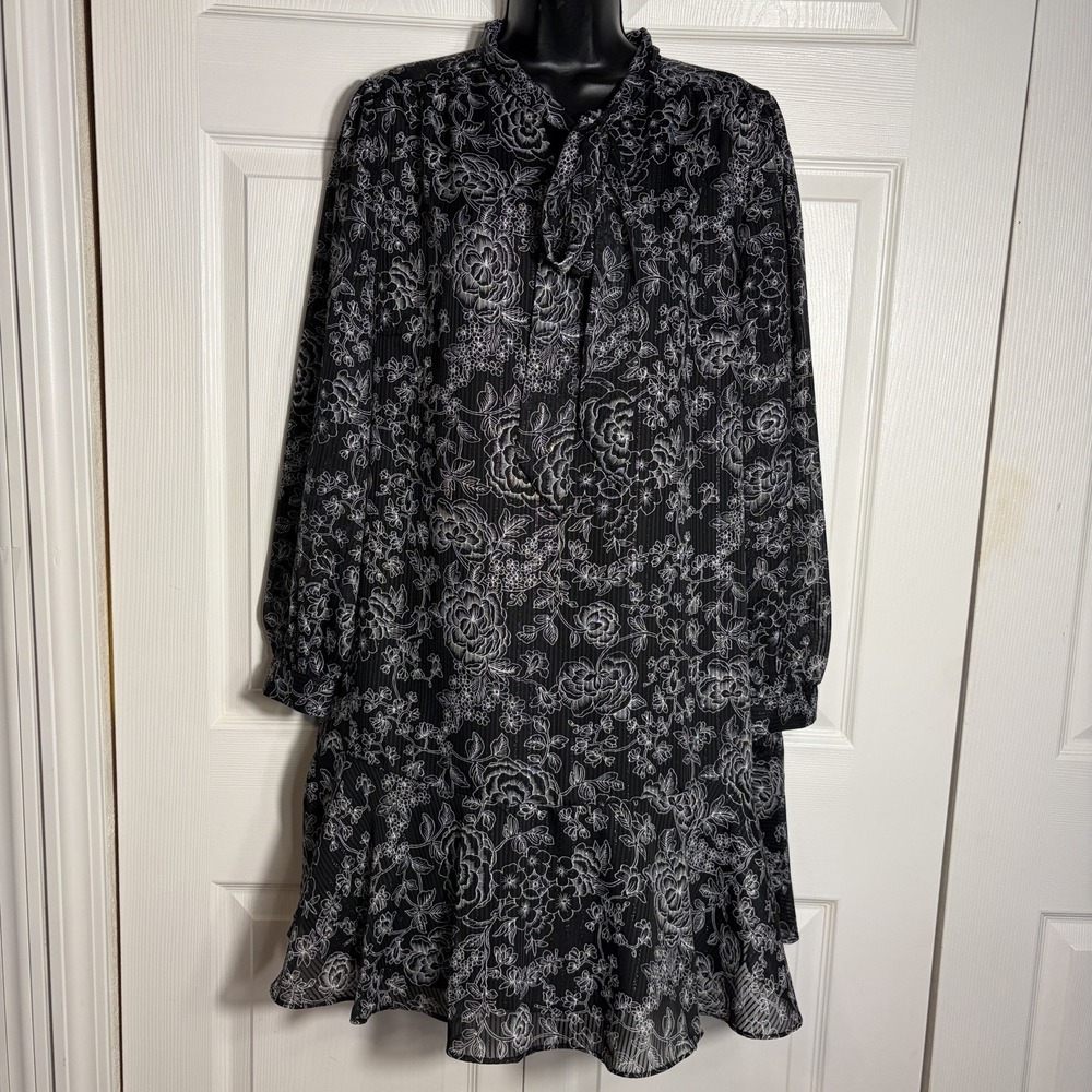 LOFT Metallic Stripe Floral Dress Women XL Black Silver Tie Neck Long Sleeve